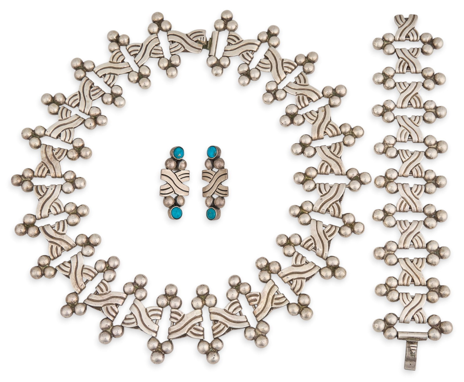 Taxco Sterling Silver Jewelry Suite: Taxco Mexican sterling silver jewelry suite to include necklace, bracelet, and pair of earrings, each featuring woven design, earrings set with round turquoise cabochons, marked "Sterling Taxco&q
