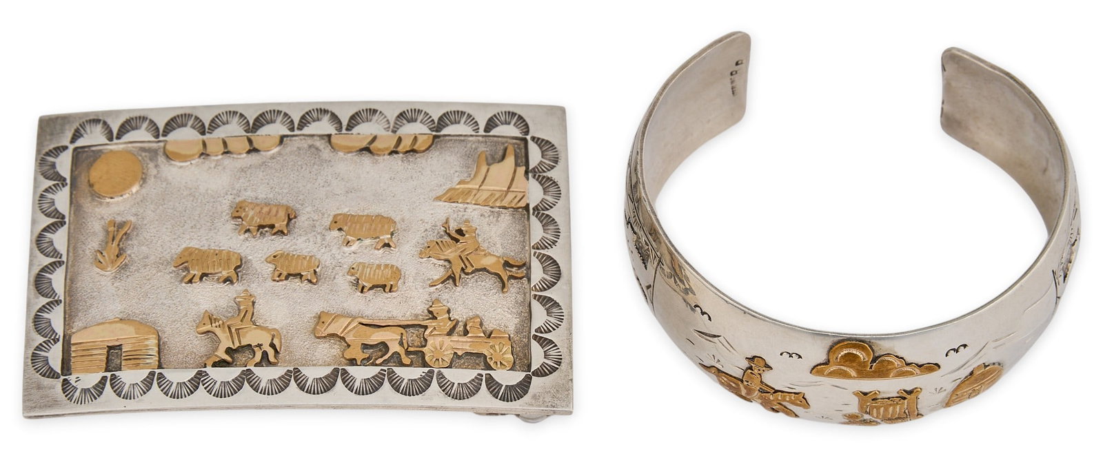 Southwestern Sterling Silver Two-Tone Cuff and Buckle: Southwestern sterling silver two-tone cuff and buckle, each depicting figural and landscape storyteller panel motifs, with gold-toned details and stamped details throughout, cuff signed "RR"