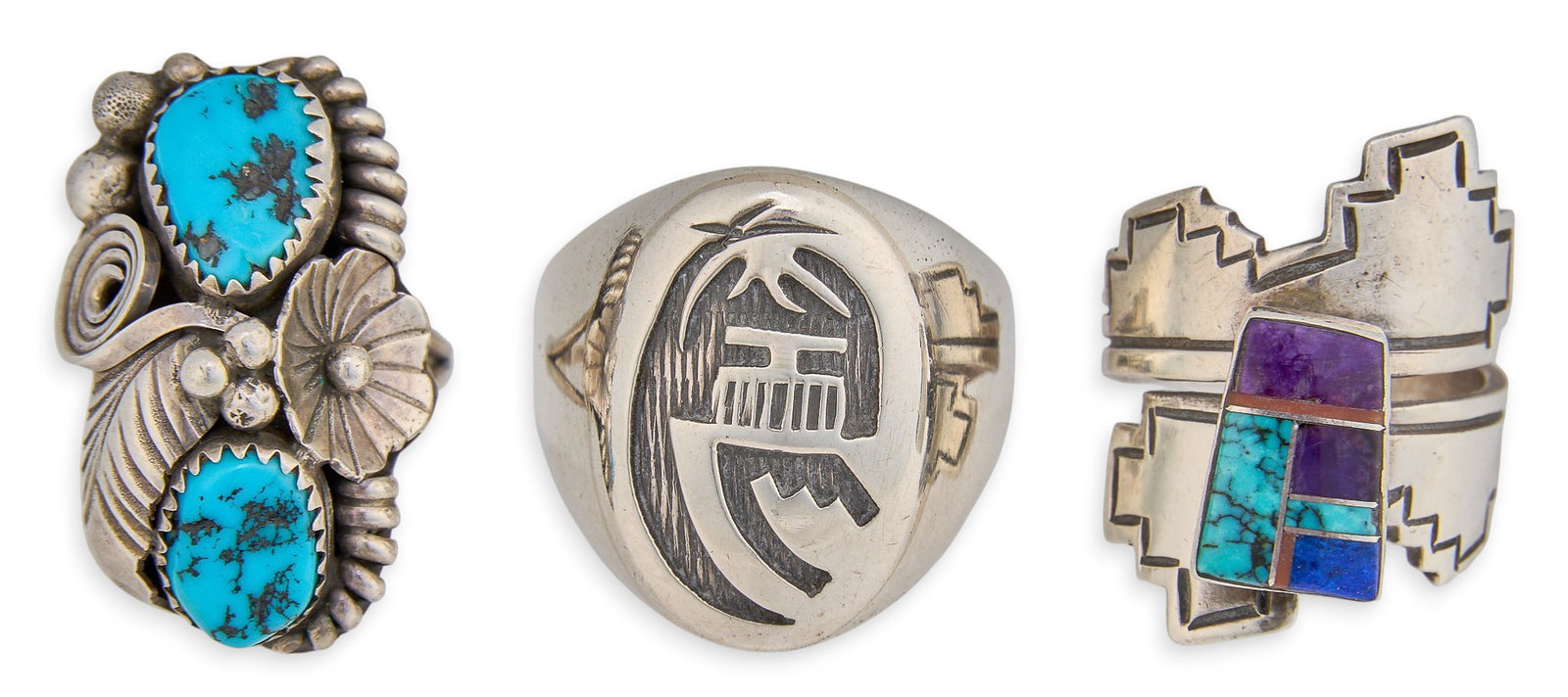 (3) Southwestern Sterling Silver Rings: Three Southwestern sterling silver rings, set with turquoise, lapis, and spiny oyster, featuring various Southwestern motifs, all marked Sizes: 6.5-12 Total weight: 33.6 g