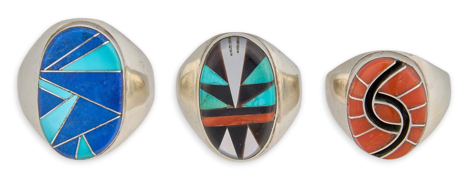 (3) Southwestern Sterling & Multi-Stone Rings: Three Southwestern sterling silver rings, each set with multi-stone inlay in geometric motifs, marked, one by Amy Quandelacy Weslay (Zuni) Sizes: 9-11 Total weight: 41.3 g Provenance: Property fr