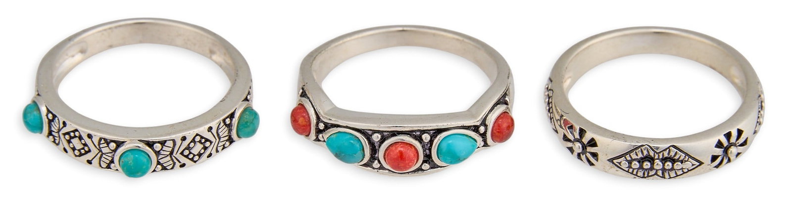 (3) Sterling & Multi-Stone Stackable Rings: Three stackable sterling silver rings, featuring turquoise and coral cabochons, each set with stamped details, and marked "925" Size: 8 / each Total weight: 10.3 g Provenance: Property from 
