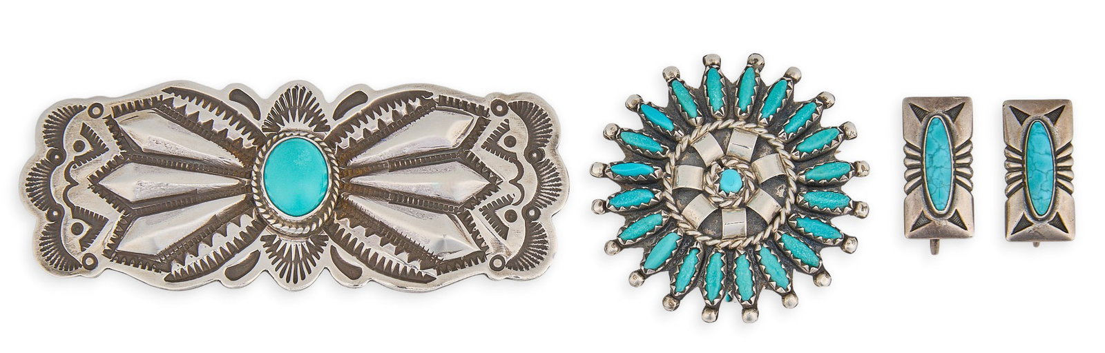 Sterling & Turquoise Earrings and Pins: Two sterling silver pins and pair of earrings, each set with turquoise cabochons, all marked Size: 2.5 in. x 1 in. / largest Total weight: 31.5 g