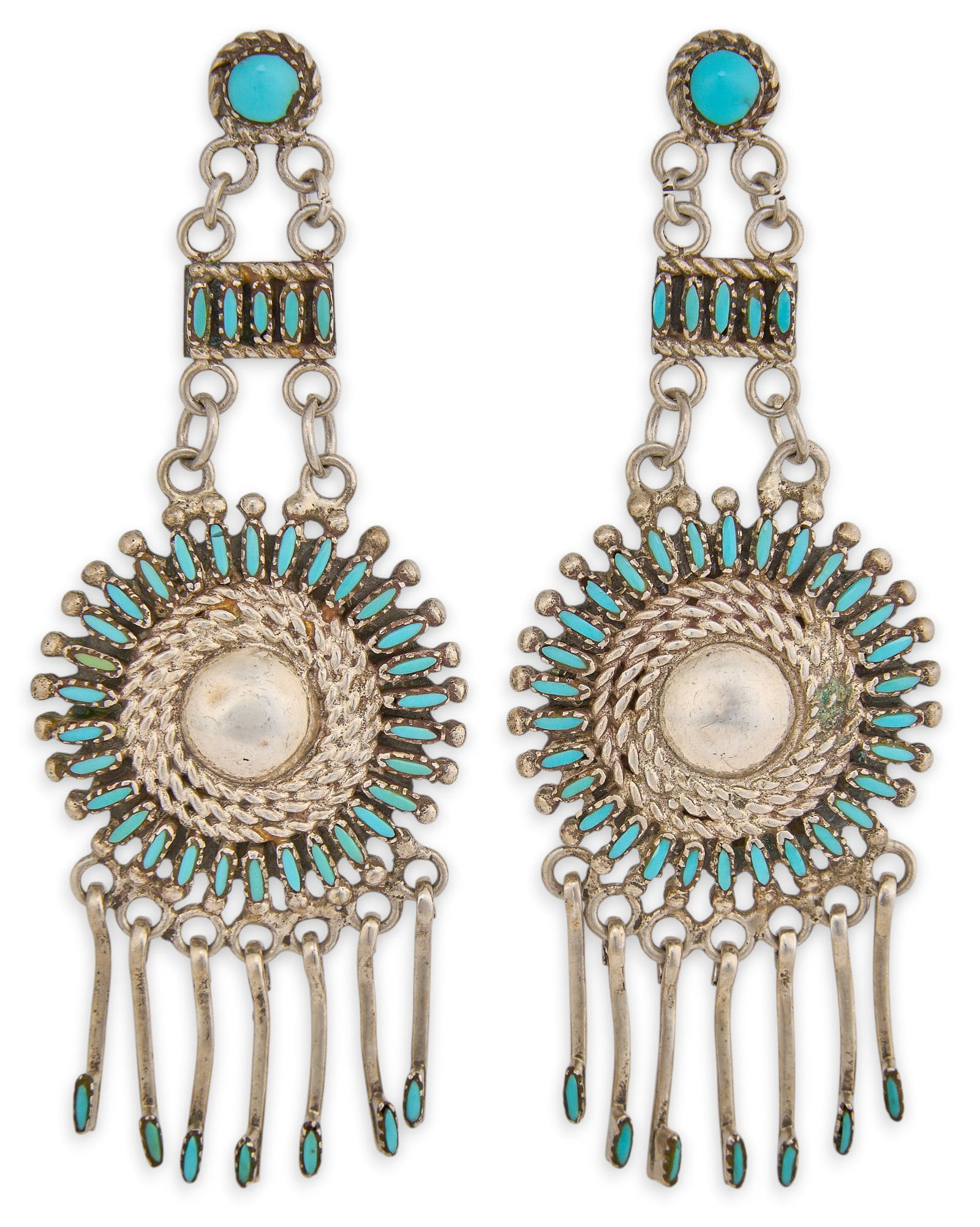 Zuni Sterling & Turquoise Petit Point Earrings: Zuni sterling silver drop earrings, set with turquoise in petit point design, marked "Sterling" Size: 2.5 in. x 1 in. Total weight: 19.5 g