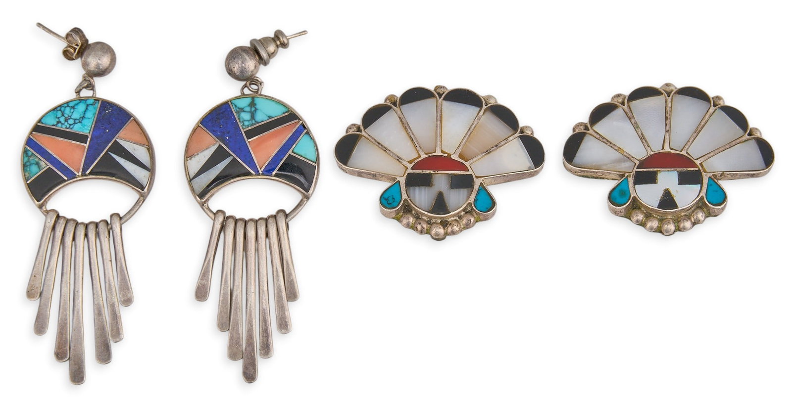(2) Pairs of Sterling & Multi-Stone Inlay Earrings: Two pairs of sterling silver earrings, each set with multi-stone inlay, both marked Size: 1.25 in. x 1 in. / largest Total weight: 31.4 g