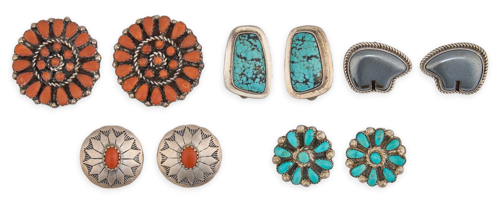 (5) Pairs of Southwestern Earrings: Five pair of Southwestern sterling silver earrings, featuring turquoise and coral cabochons, with twisted rope and stamped details, several marked Size: 1 in. diameter / largest Total weight: 40.9 g