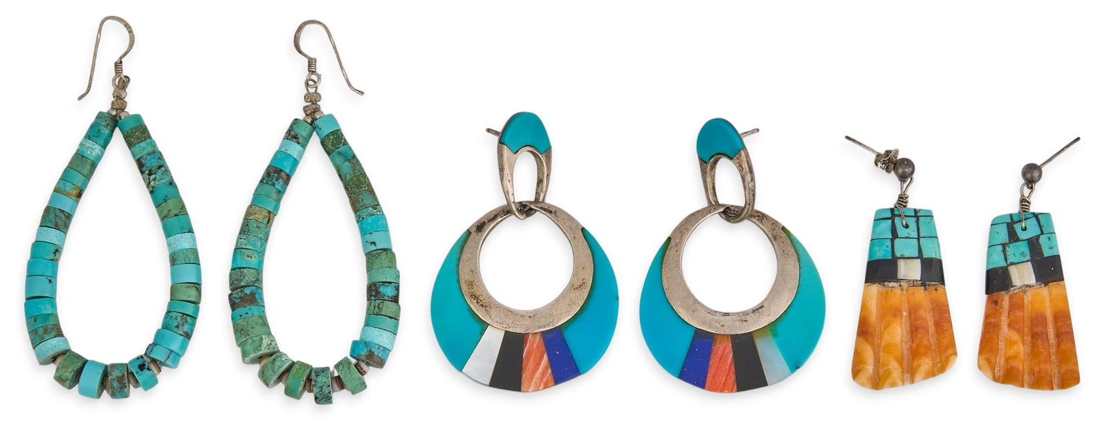 (3) Pairs of Multi-Stone Earrings: Three pairs of earrings, featuring turquoise, lapis, onyx, mother of pearl, shell, ad spiny oyster, two pairs marked Size: 2.75 in. x 1.25 in. / largest Total weight: 30.4 g