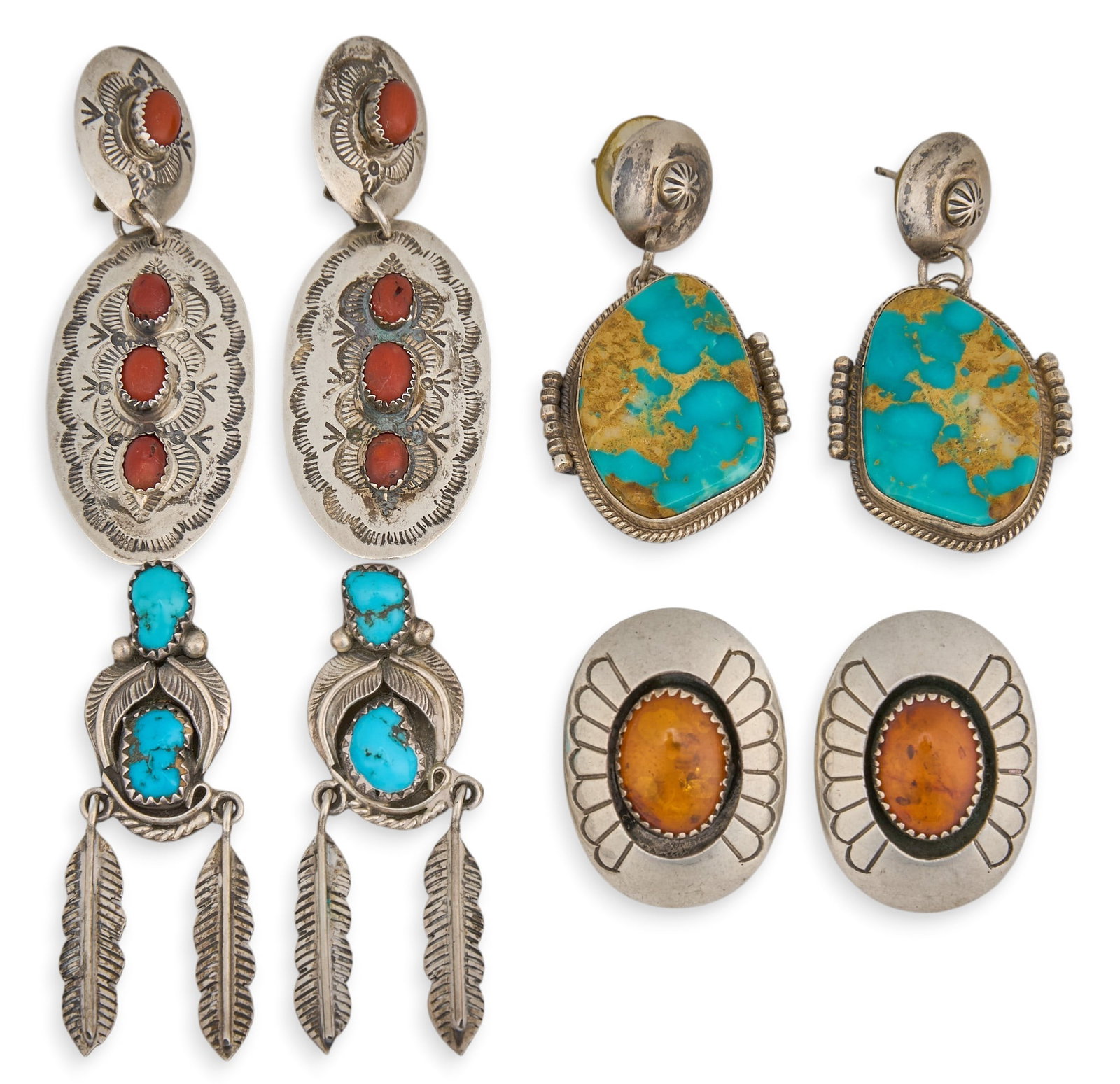 (4) Sterling & Multi-Stone Earrings: Four Southwestern sterling silver earrings, each set with various semi-precious stones, featuring stamped details and feather motifs, several marked Size: 2.25 in. x 0.75 in. / largest Total weight: 5