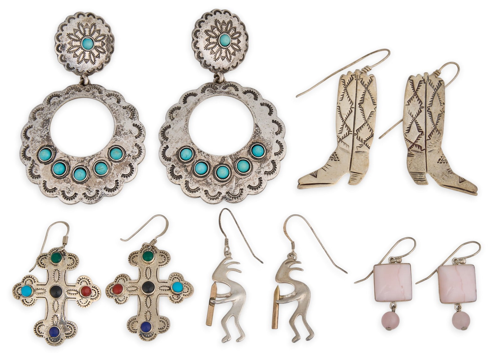 (5) Pairs of Southwestern Style Earrings: Five pairs of sterling silver earrings, depicting various Southwestern motifs, set with turquoise, coral, malachite, onyx, and lapis, featuring stamped details, several marked Size: 2.75 in. x 1.