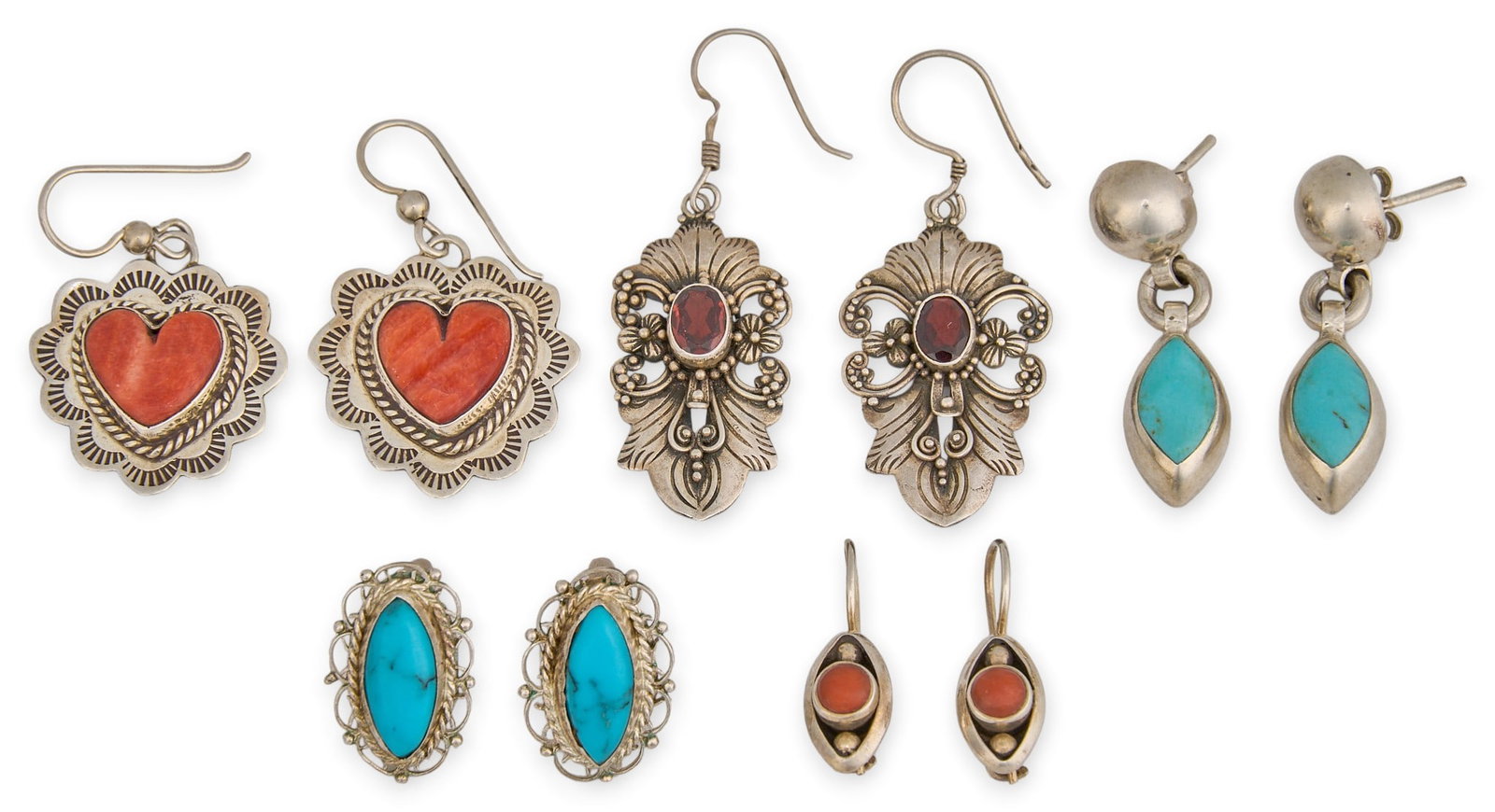 (5) Pairs of Sterling & Multi-Stone Earrings: Five pairs of sterling silver earrings, set with coral, spiny oyster, turquoise, and garnet, featuring twisted rope motifs and stamped details, each marked to reverse Size: 1.5 in. x 1 in. / larg