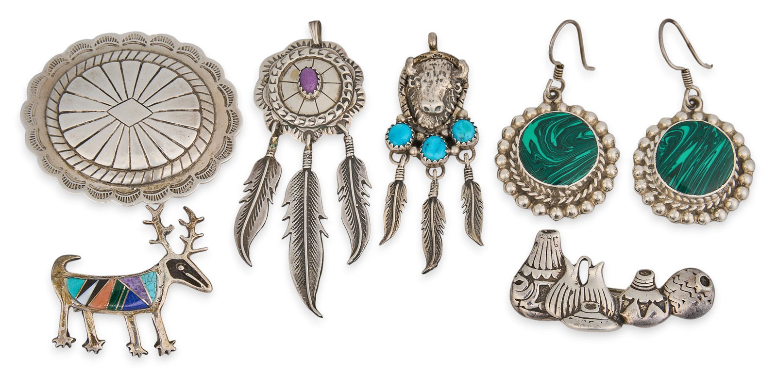 (7) Southwestern Pendants, Pins, and Earrings: Collection of Southwestern pins, pendants, and earrings, set with various stone details and assorted Southwestern motifs, several marked Total weight: 66.3 g Provenance: Property from a home in San An