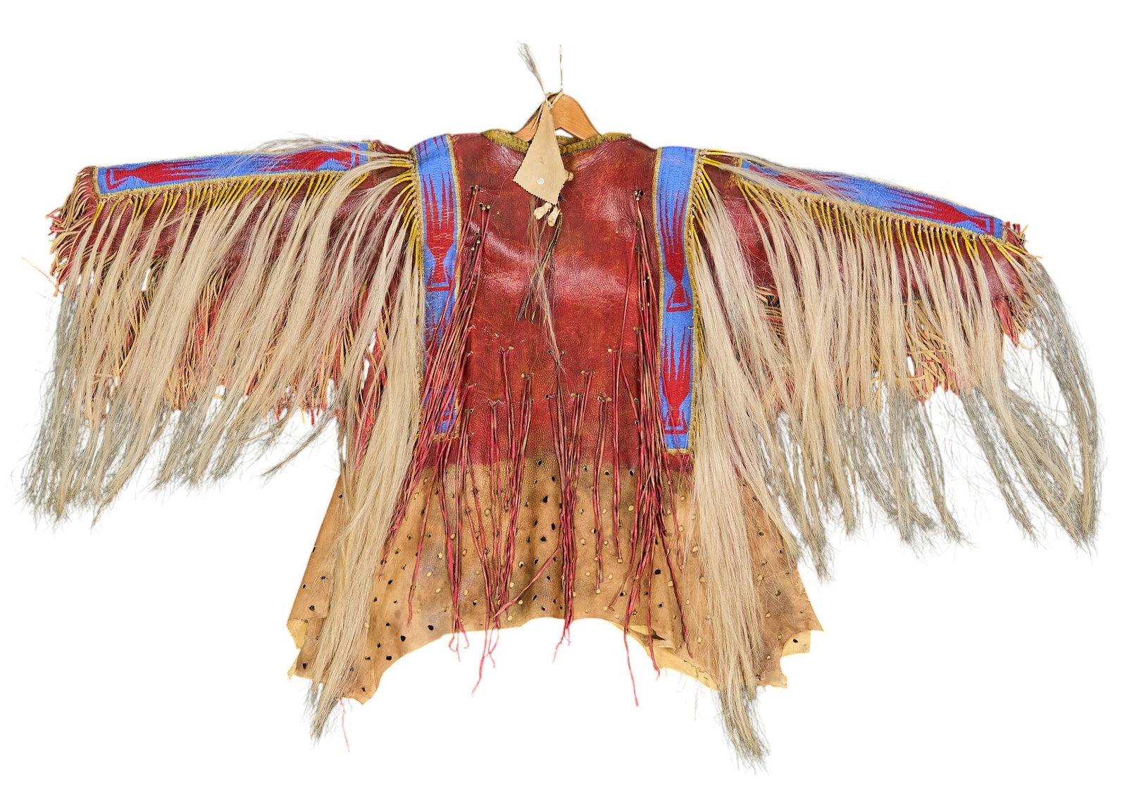 Cheri Capello, Northern Plains War Shirt: Cheri Cappello (Amer., 20th C.), "Runs with Wolves" Northern Plains (Lakota Sioux) war shirt handcrafted with historical techniques learned from Native tribes, with all-natural materials