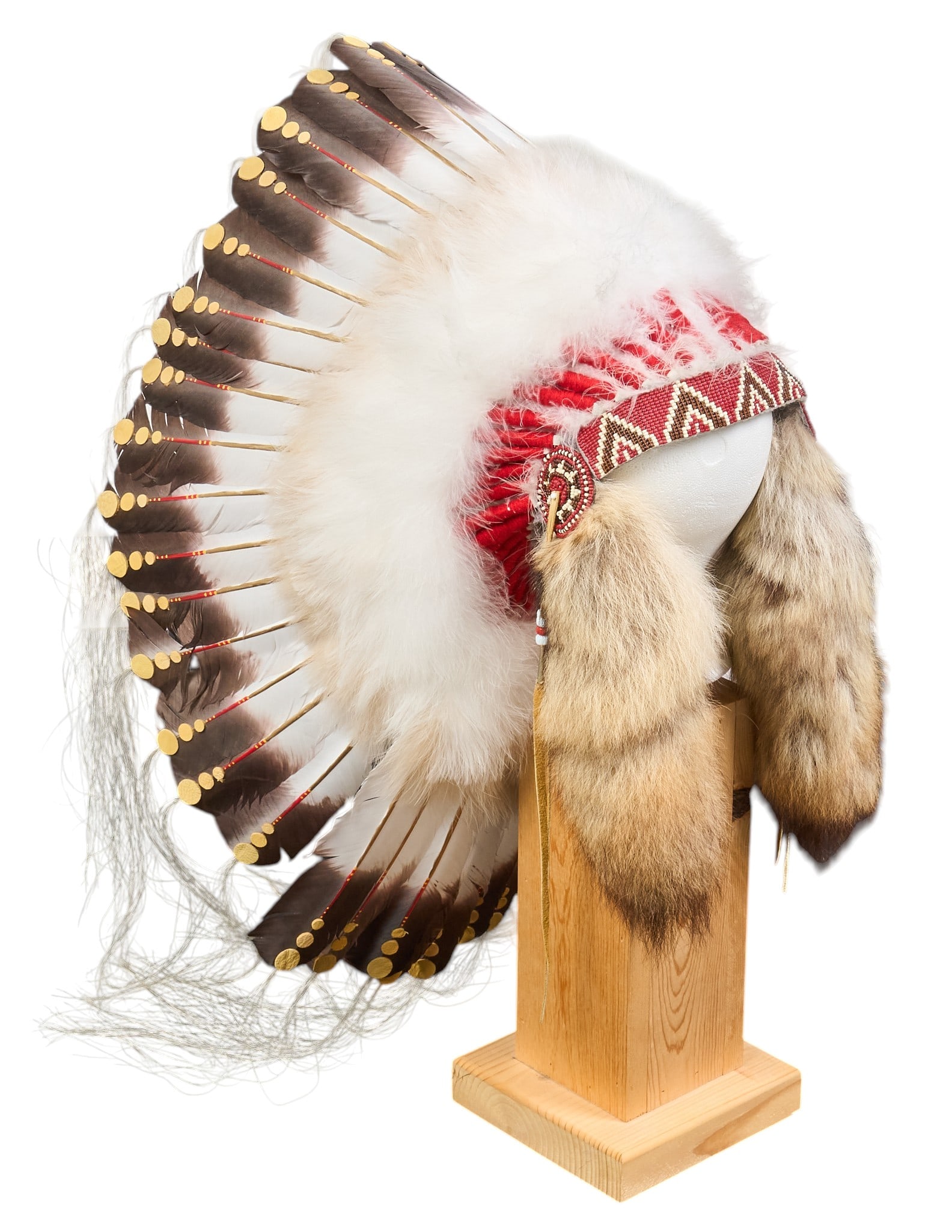 Native American Style Headdress: Native American style headdress with feathers and raccoon tail decoration height 30 in. x width 18 in. x depth 19 in. Provenance: Property from the Estate of Robert A. "Bob" Funk Sr.