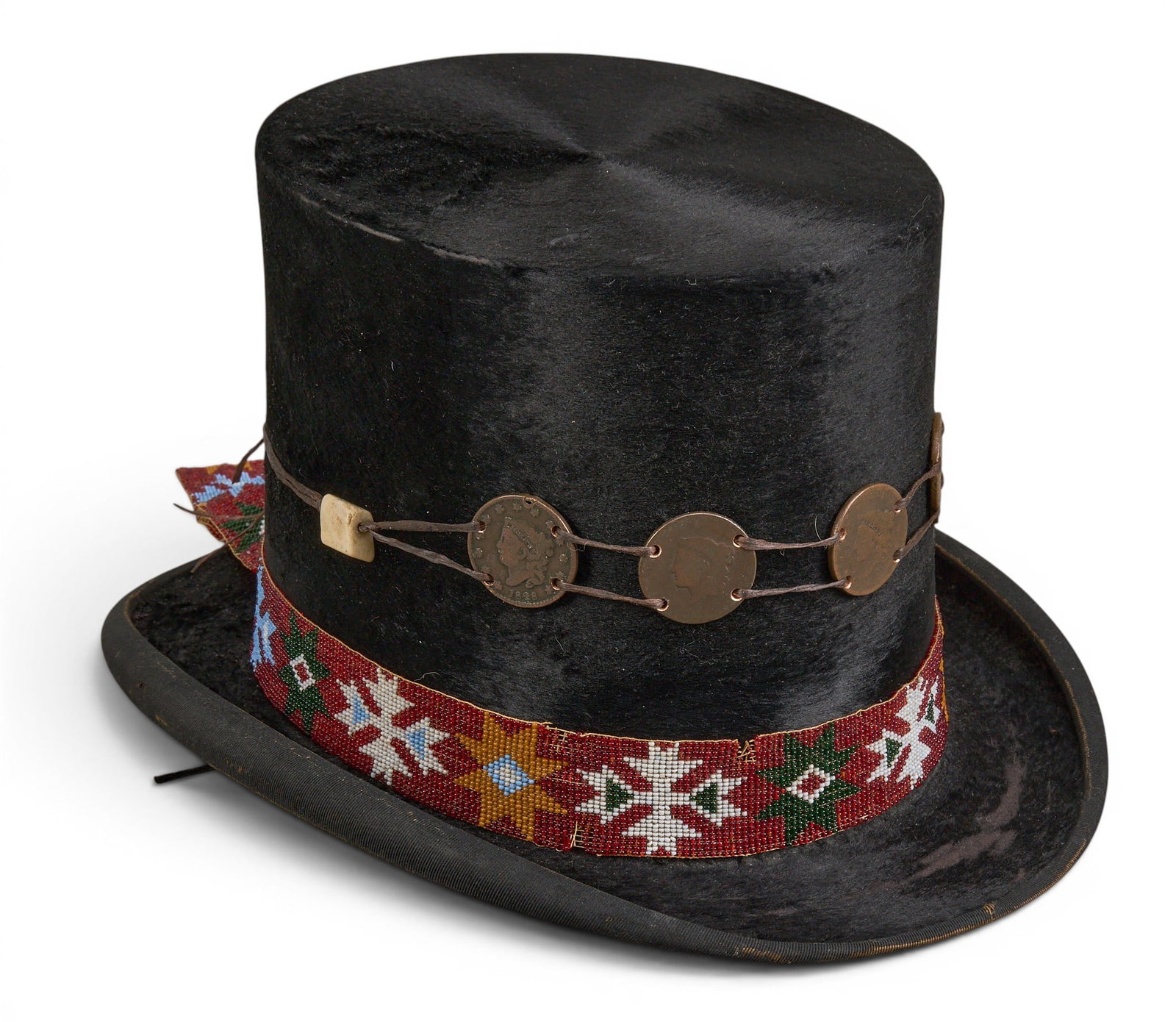 Vintage Beaver Hat: Vintage Native American ceremonial style beaver pelt top hat with 5 copper large cents, and beaded band with bone pieces, with Knox (New York), O'Brien-Jobst Co. label height 6.5 in. x