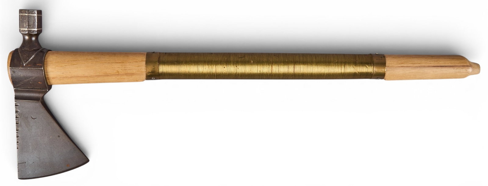 Eastern Woodlands Tomahawk Pipe: Eastern Woodlands tomahawk pipe, hand forged iron head, decorative brass wire wrap and brass bands on handle height 18.5 in. x width 7 in. x depth 1 in. Provenance: Property from a Boerne, Texas