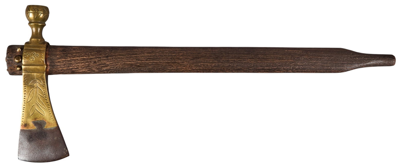 Eastern Woodlands Tomahawk Pipe: Eastern Woodlands tomahawk pipe, hand forged iron head, decorative brass wire wrap and brass bands on handle height 19 in. x width 8 in. x depth 1 in. Provenance: Property from a Boerne, Texas antique