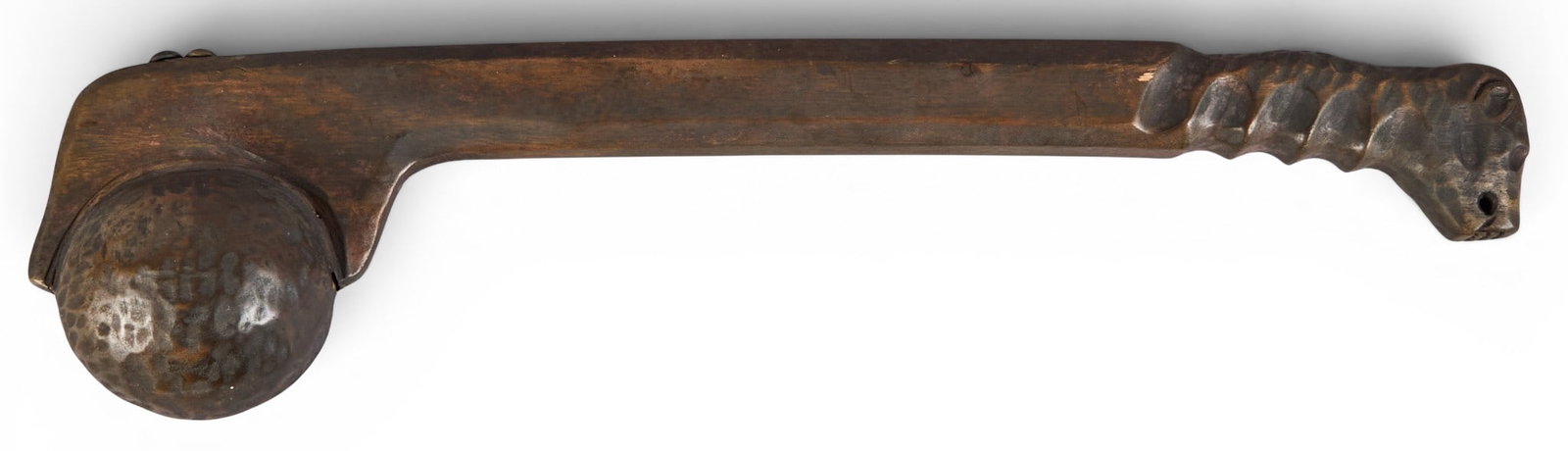 Ball Headed War Club: Native American ball headed club, circa mid 19th century, carved wood with pierced hole for tying leather strap, with dimensional carved snake with ball in its mouth height 18.5 in. x width
