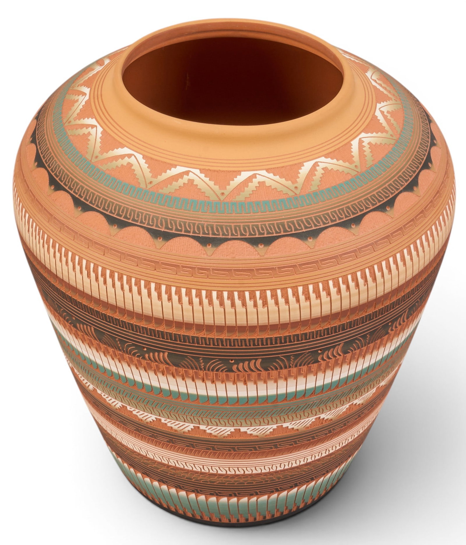 Hilda Whitegoat, Navajo Pottery Vessel: Hilda Whitegoat (Navajo, b. 1967), hand-painted and etched pottery vessel, signed to underside height 12.5 in. x diameter 10.5 in. Provenance: Property from a home in San Antonio, Texas