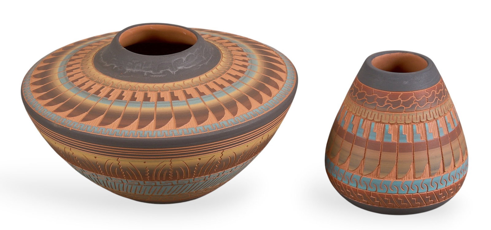 (2) Hilda Whitegoat, Navajo Pottery Vessels: Hilda Whitegoat (Navajo, b. 1967), two hand-painted and etched pottery vessels, each signed to underside height 4 in. x width 7 in. x depth 7 in. Provenance: Property from a home in San Antonio,