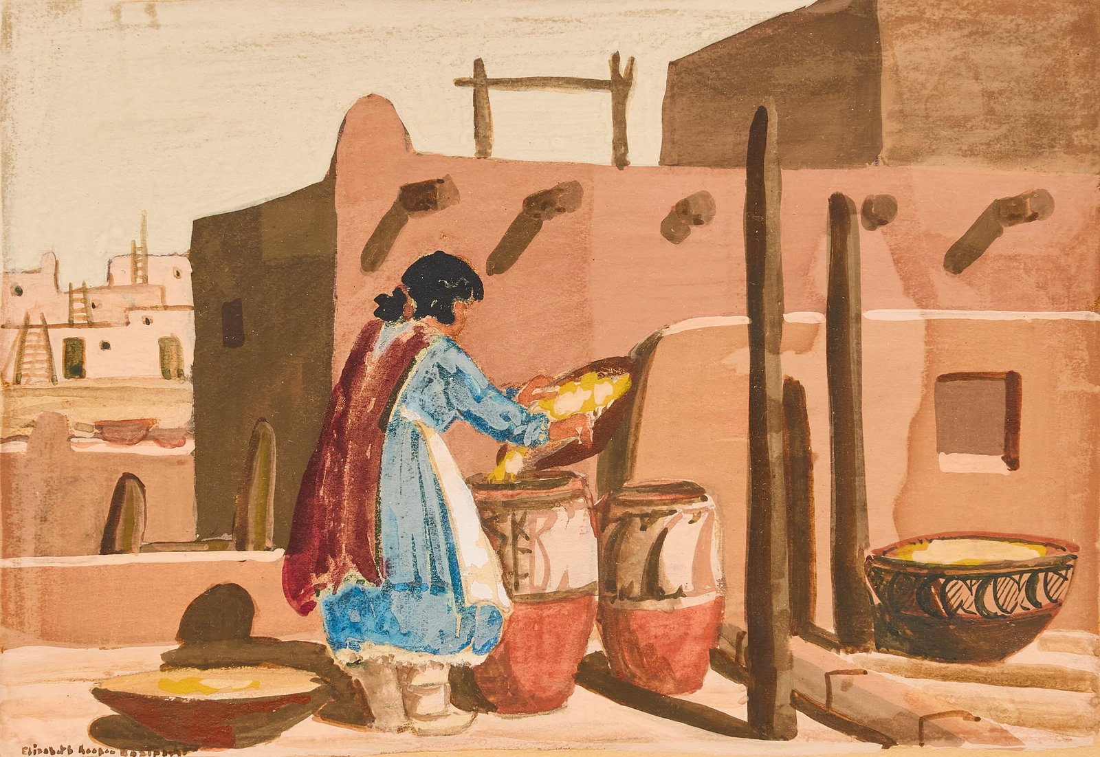 Elizabeth Boatwright, "Zuni Indians", 1937: Elizabeth Keefer Boatwright (Texas, 1899-1989), "Zuni Indians", watercolor on paper, signed lower left, inscribed on the verso with signature, title, and date, 1937 sight: 6 x 9.5 in., 