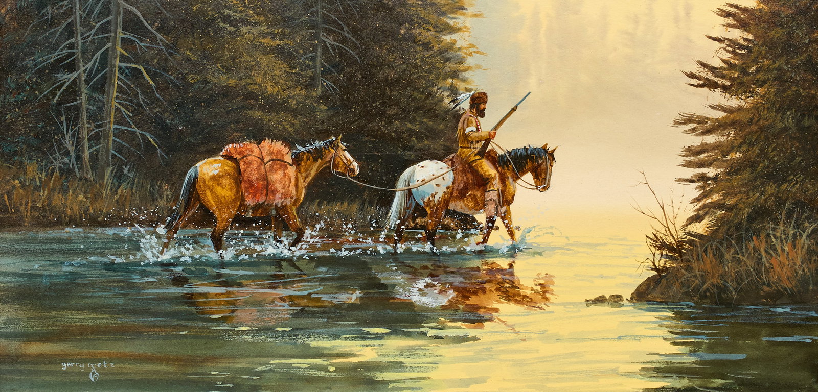 Gerry Metz, Western River Crossing: Gerry Michael Metz (Amer., 1943-2018), mountain man on horseback leading pony across river, acrylic on illustration board, signed lower left sight: 8 x 16 in., frame: 18.5 x 26.5 in. Provenance: