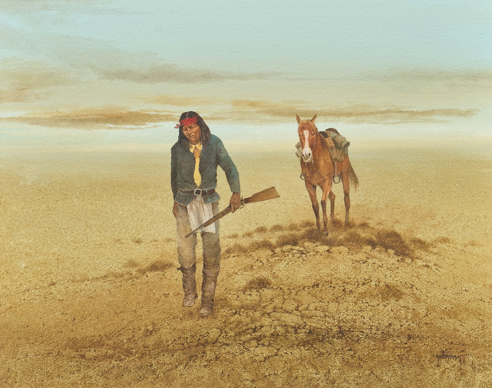 Raul Gutierrez, Native Figure with Horse: Raul Gutierrez (Texas, b. 1935), Native figure with horse, watercolor on watercolor paper, signed lower right sight: 16 x 20 in., frame: 23 x 27 in. Provenance: Property from the collection of a