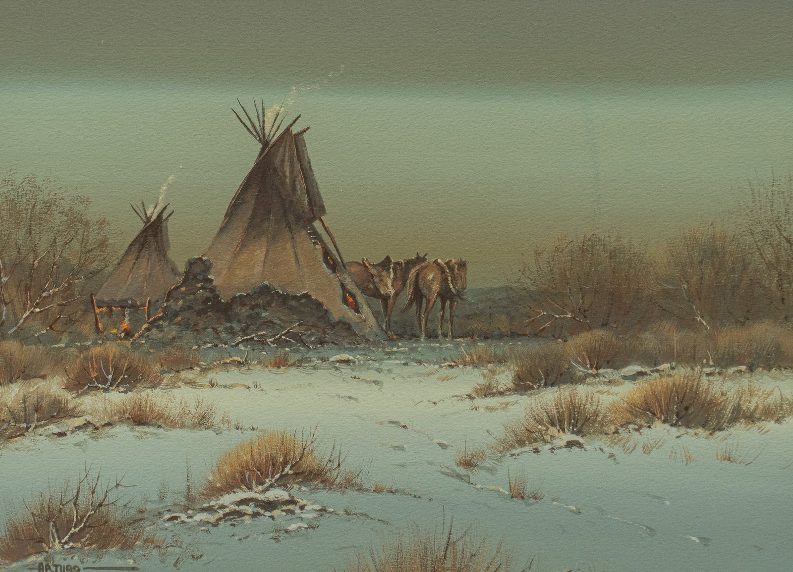 Arturo Mercado, Indian Encampment: Arturo Mercado (Texas, 1938-2015), Native American encampment with teepees, gouache and watercolor on paper, signed lower left sight: 9 x 12 in., frame: 13.5 x 15.5 in. Provenance: Property from