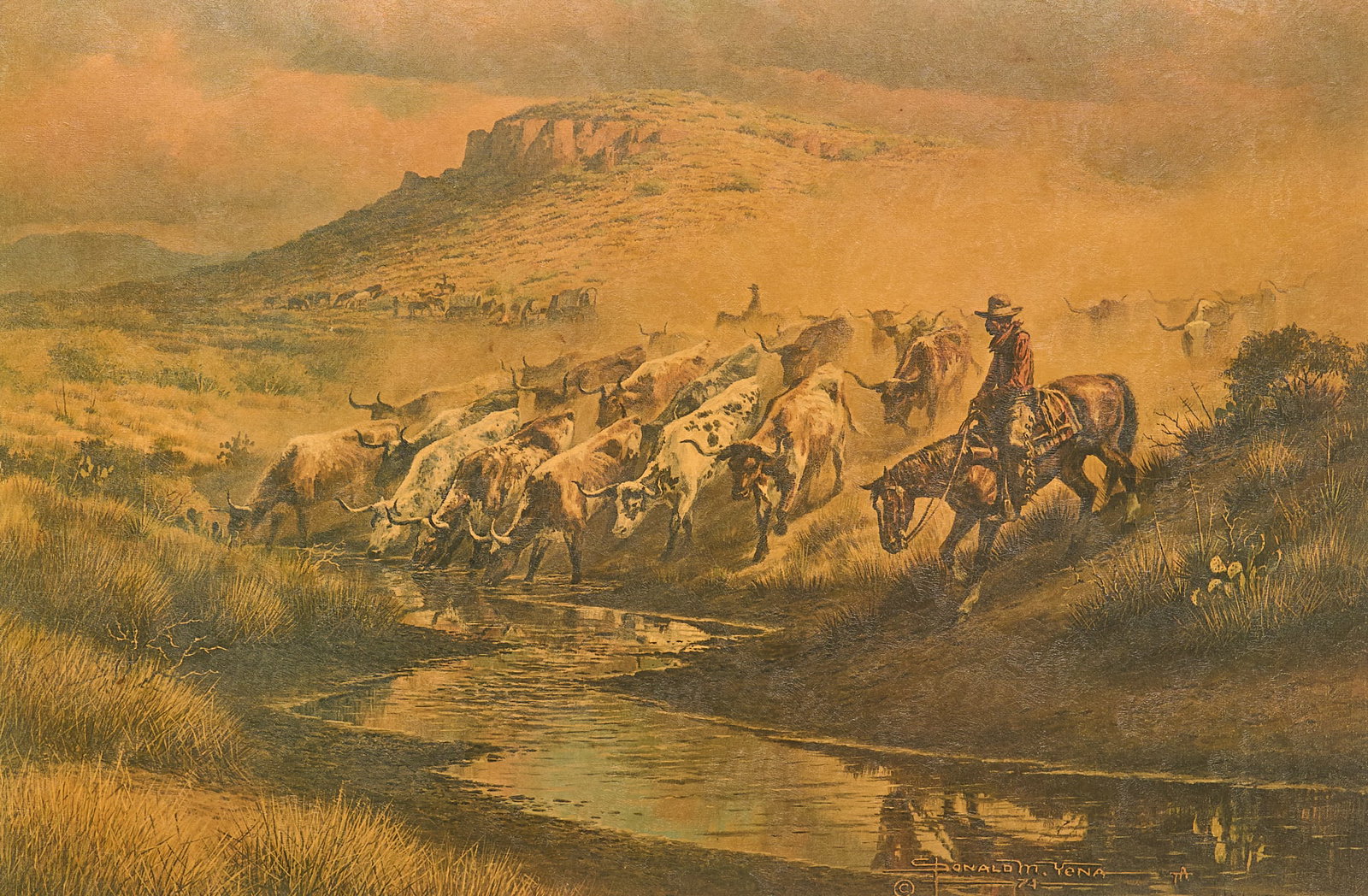Donald Yena, "Trail Dust and Good Water": Donald M. Yena (Amer., b. 1933), "Trail Dust and Good Water", offset lithograph laid to textured board sight: 24 x 36 in., frame: 32 x 44 in. Provenance: Property from a home in San Ant