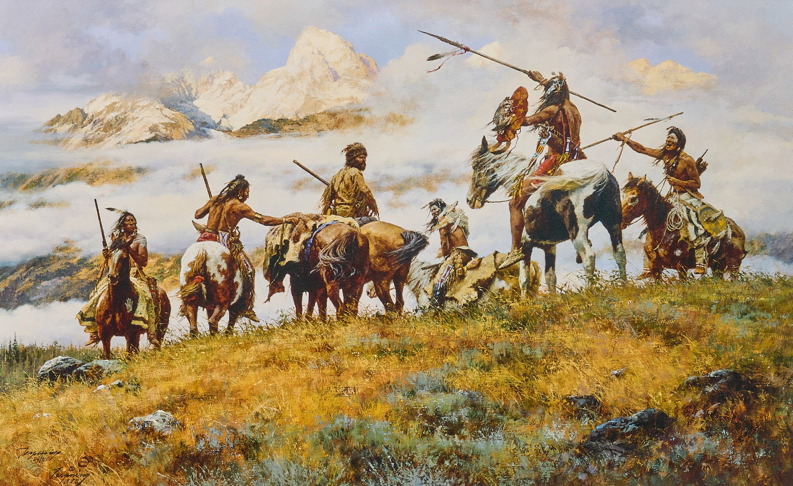 Howard Terpning, "The Ploy": Howard Terpning (Arizona, b. 1927), "The Ploy", giclee print on canvas, signed and numbered lower left, ed. 54/90 sight: 26 x 42 in., frame: 33.5 x 49.5 in. Provenance: Property