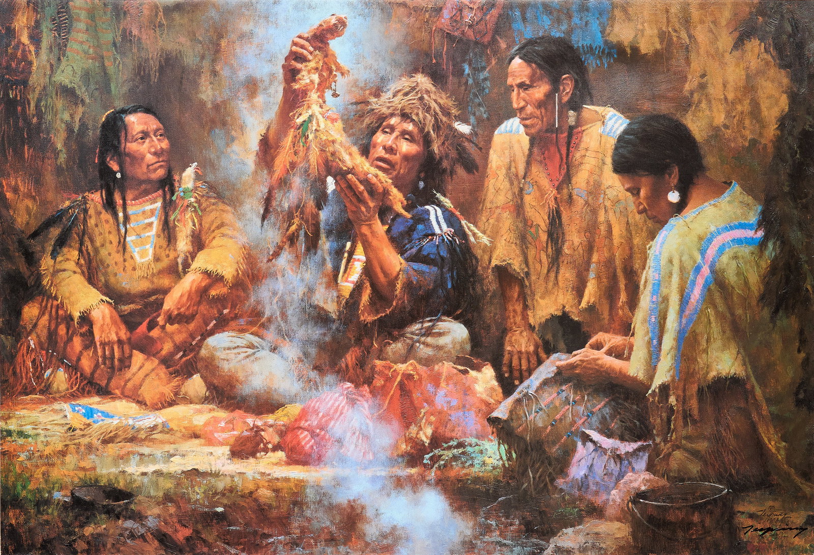 Howard Terpning, "Opening the Sacred Bundle": Howard Terpning (Arizona, b. 1927), "Opening the Sacred Bundle", limited edition giclee print on stretched canvas, signed and numbered lower right, includes certificate of authenticity