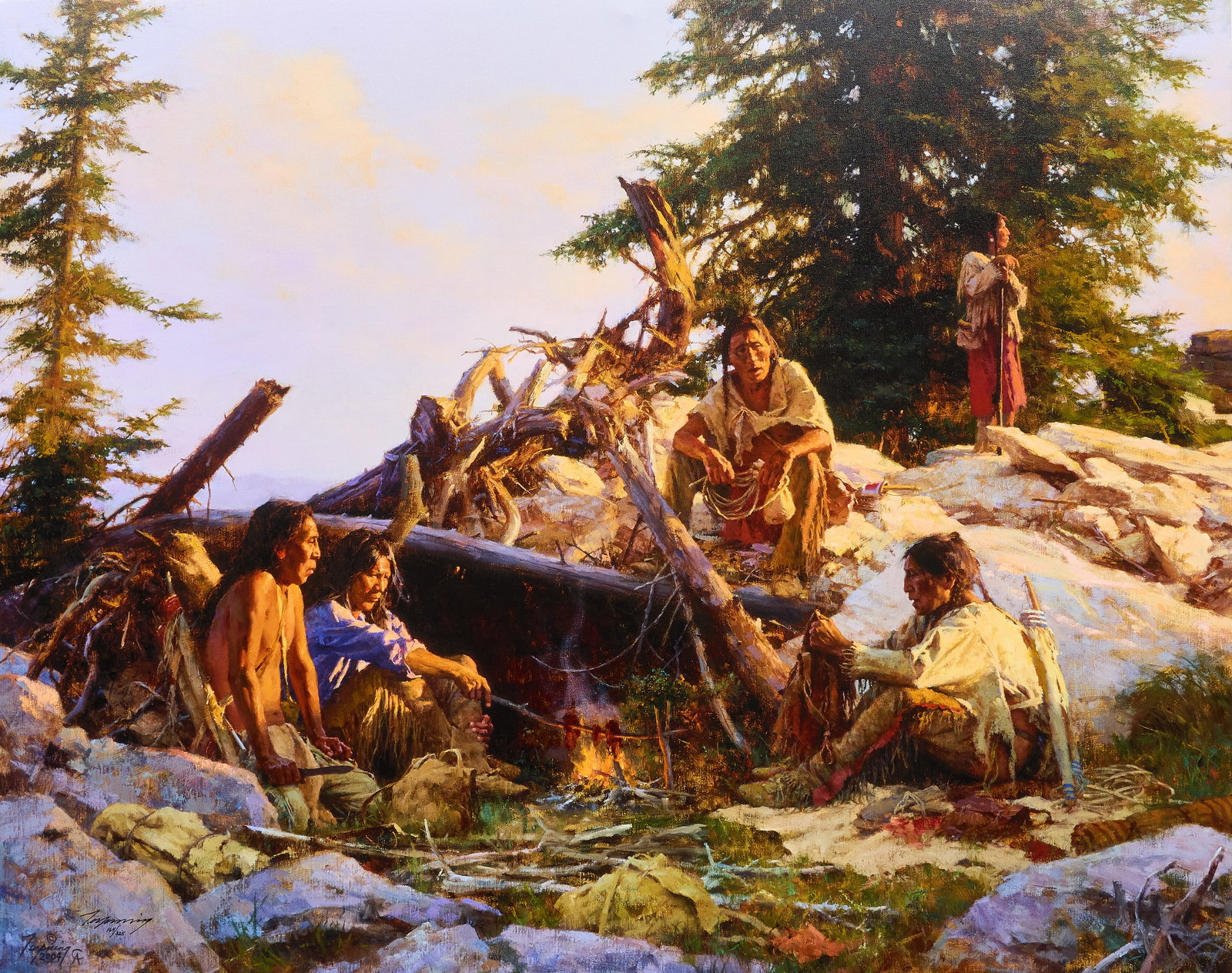 Howard Terpning, "Camp at the Cougar’s Den": Howard Terpning (Arizona, b. 1927), "Camp at the Cougar’s Den", limited edition giclee print on stretched canvas (not framed), signed and numbered, ed. 201/325, includes