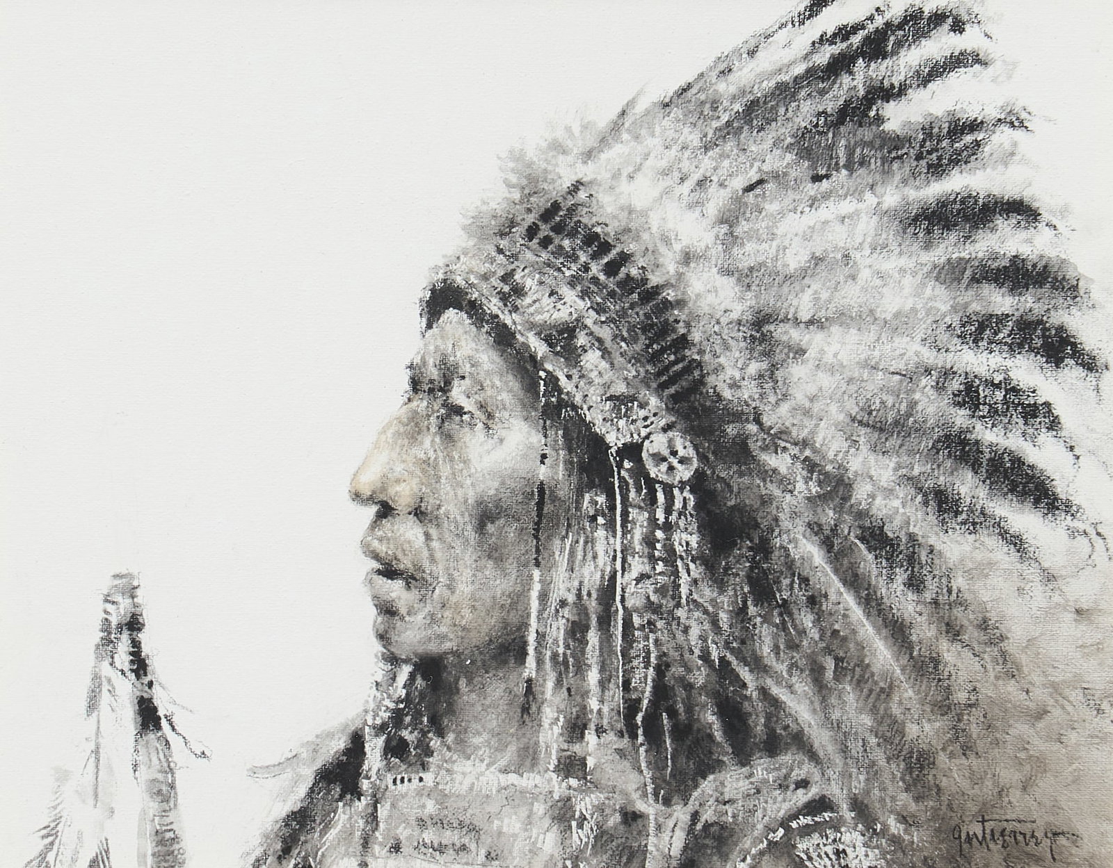 Raul Gutierrez, Native Figure with Headdress: Raul Gutierrez (Texas, b. 1935), Native figure with headdress, mixed media on canvas panel, signed lower right sight: 8 x 10 in., frame: 15 x 17 in. Provenance: Property from the