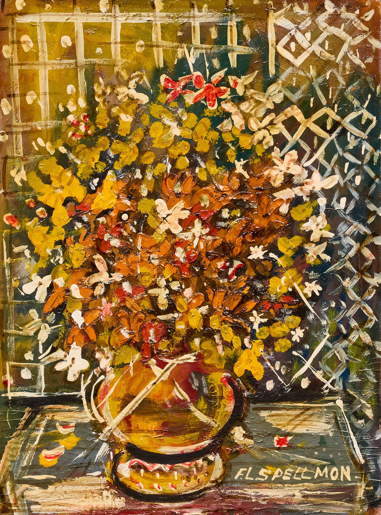 F. L. "Doc" Spellmon, "Flowers": Fronzel Lincoln "Doc" Spellmon (Texas, 1925-2008), "Flowers", mixed media on canvas, signed lower right, signed again on the verso sight: 16 x 12 in., frame: 16.5 x 12.5 in.