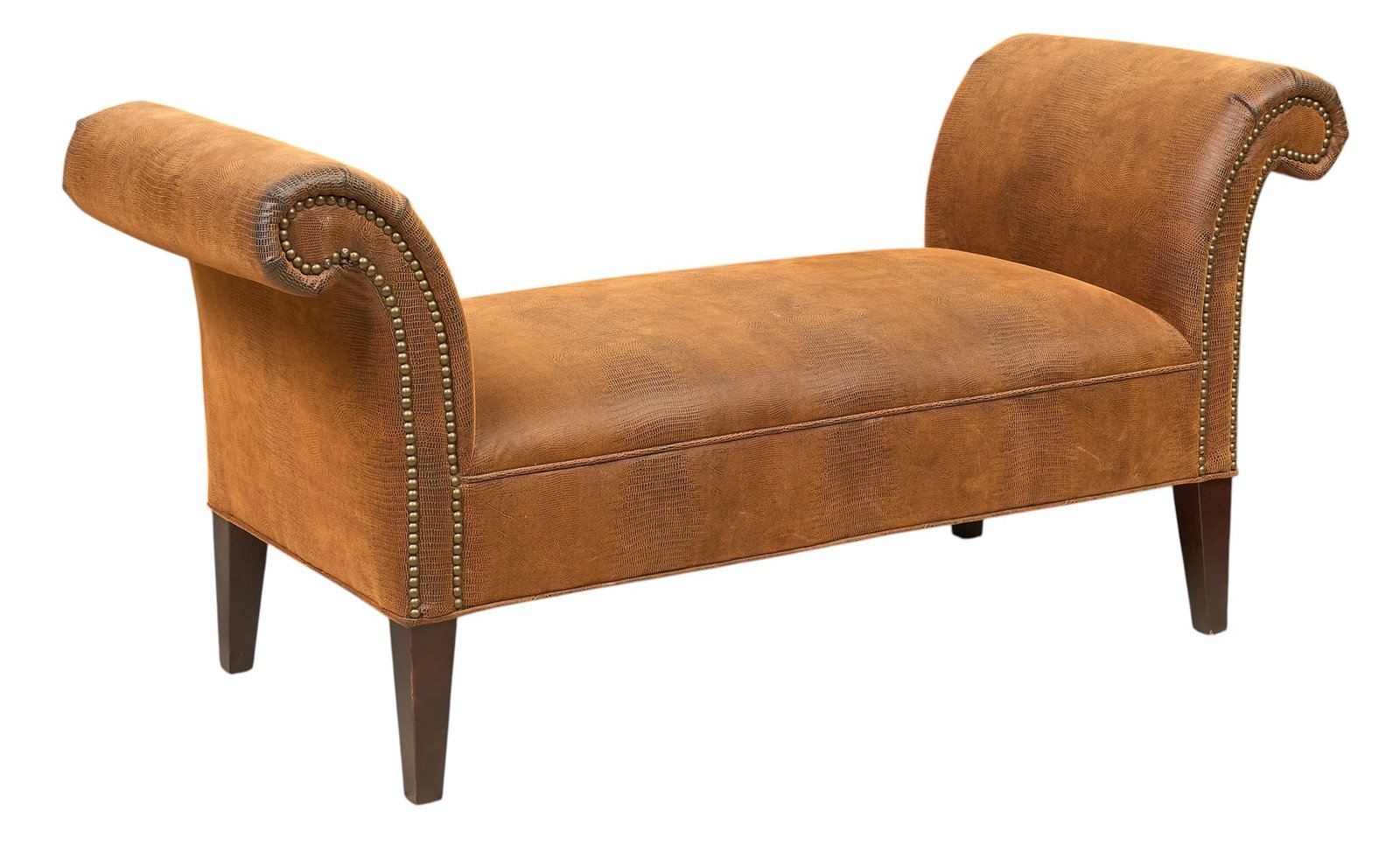 Brown Leather Settee Bench: Brown leather settee bench with rolled arms and decorative nailhead trim height 27 in. x width 56 in. x depth 22 in. Provenance: Property from the Estate of Robert A. "Bob" Funk