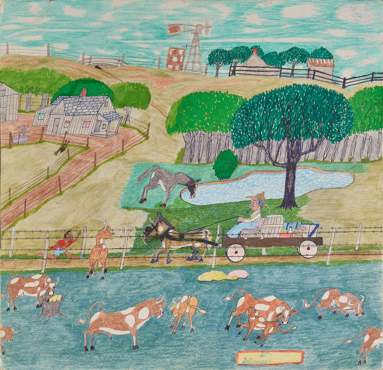 Johnny Banks, "A Typical South W. Texas / Black Farm Home": John Willard Banks (Texas, 1912-1988), "A Typical South W. Texas / Black Farm Home", colored pencil, markers, and pen on posterboard, signed lower right, titled and dated on the verso, 1984
