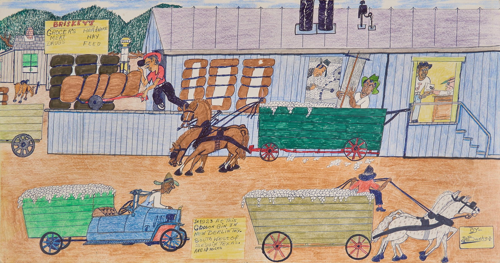 Johnny Banks, "The Cotton Gin", 1984: John Willard Banks (Texas, 1912-1988), "The Cotton Gin", colored pencil and markers on illustration board, signed lower right, titled and dated on the verso, 1984 size: 14 x