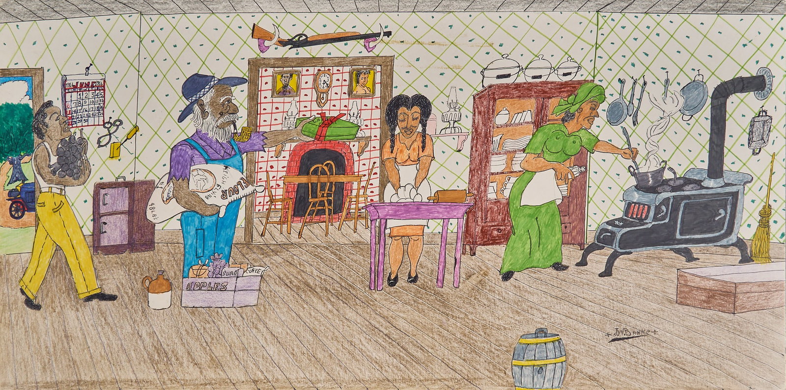 Johnny Banks, "Home Sweet Home / Country Kitchen": John Willard Banks (Texas, 1912-1988), "Home Sweet Home / Country Kitchen", colored pencil on illustration board, signed lower right, titled on the verso size: 14 x 28 in.