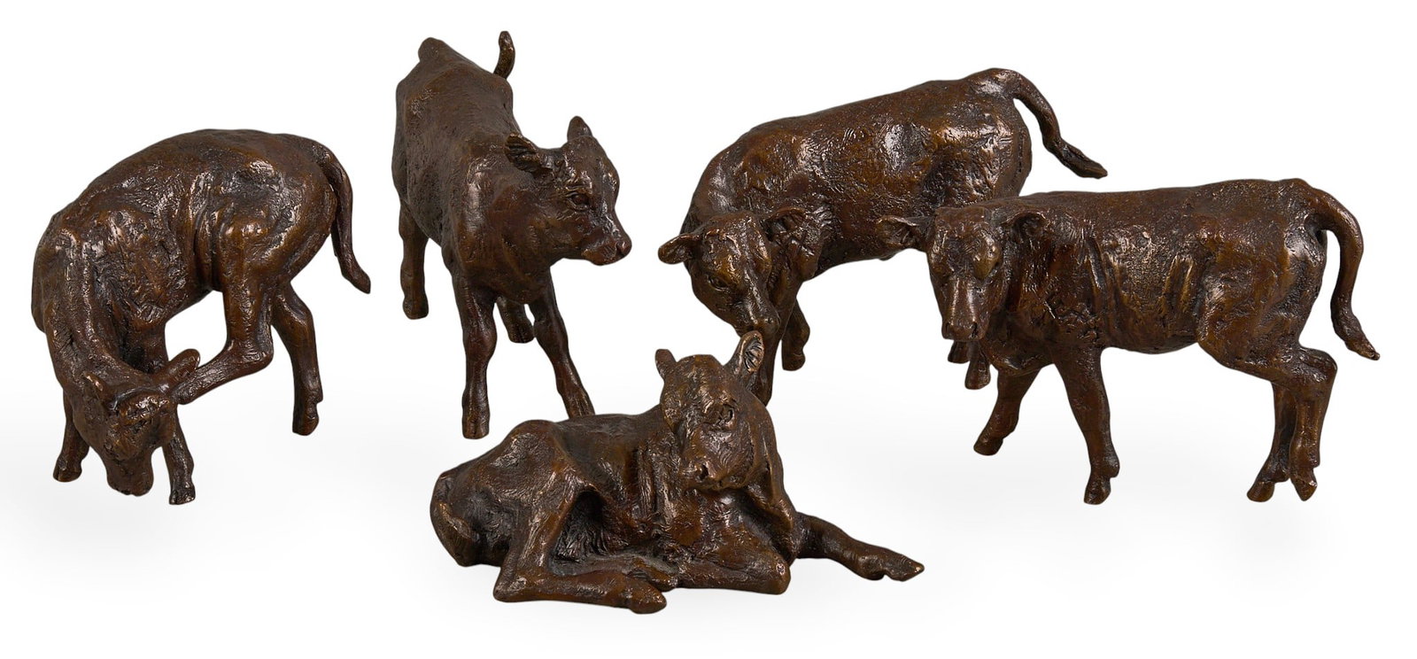 Cynthia Rigden, Group of Calf Bronzes: Cynthia Rigden (Arizona, 1943-2018), group of five (5) artist-cast bronze calves, each in different pose, each with incised signature and edition number 12/20 height 4.5 in. x width 2 in. x