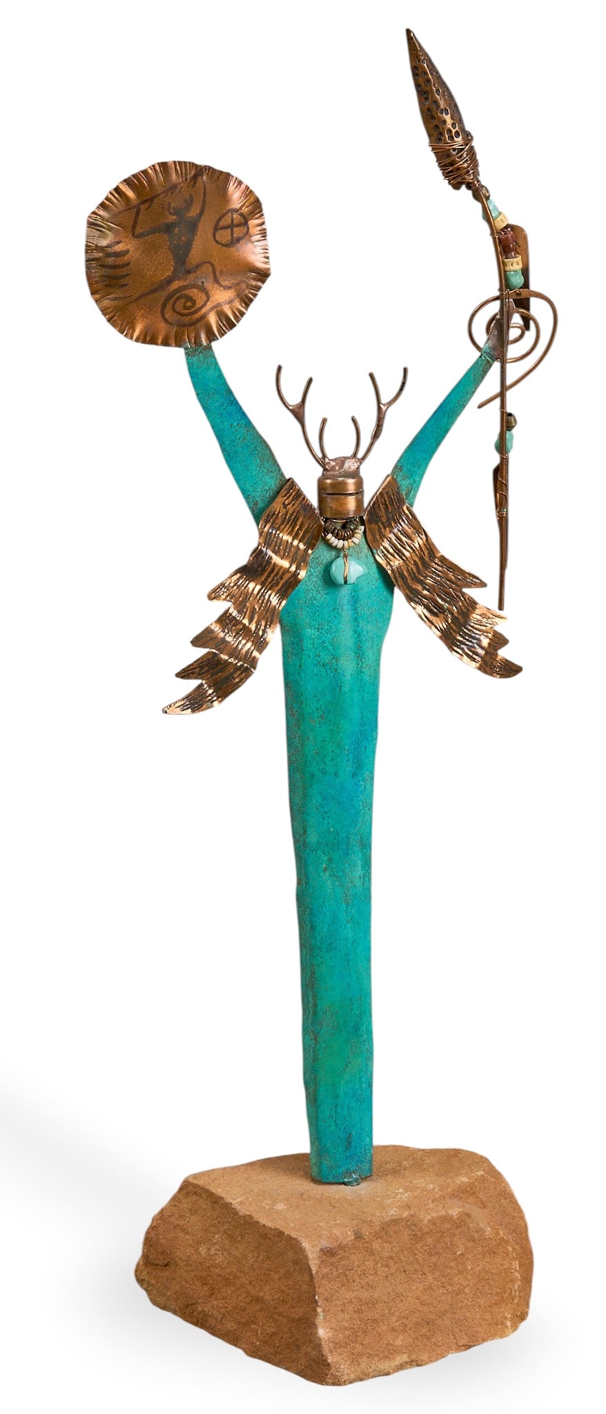 “Wild Bill?? Shaman Sculpture: Bill Worrell-style sculpture signed “Wild Bill", mixed metals including copper, atop stone base height 20 in. x width 8 in. x depth 4 in. (including stone base) Provenance: Property from a