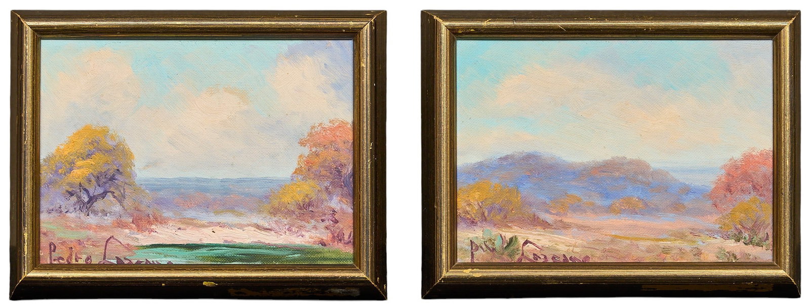 Pedro Lazcano, (2) Small Landscapes: Pedro Lazcano (Mexico / Texas, 1909-1970), two small landscape paintings depicting the Texas Hill Country, both oil on canvas panel sight: 5 x 7 in., frame: 6 x 8 in. / each Provenance: Property
