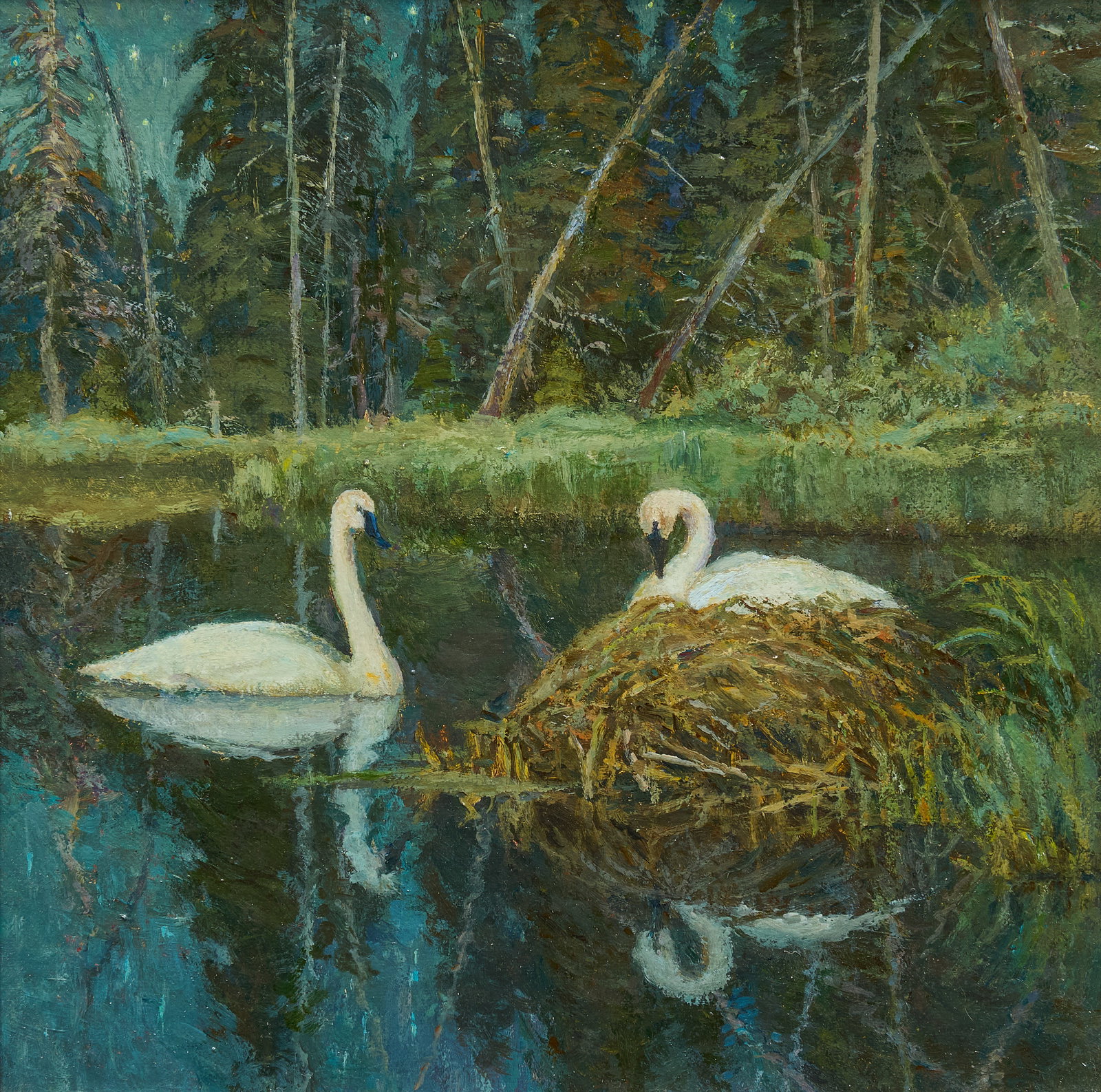 Lee Stroncek, "Nesting Swans in Moonlight": Lee Stroncek (Montana, b. 1952), "Nesting Swans in Moonlight", oil on canvas board, titled, signed, and dated on the verso, 1994 sight: 10 x 10 in., frame: 17 x 17 in. Provenance: