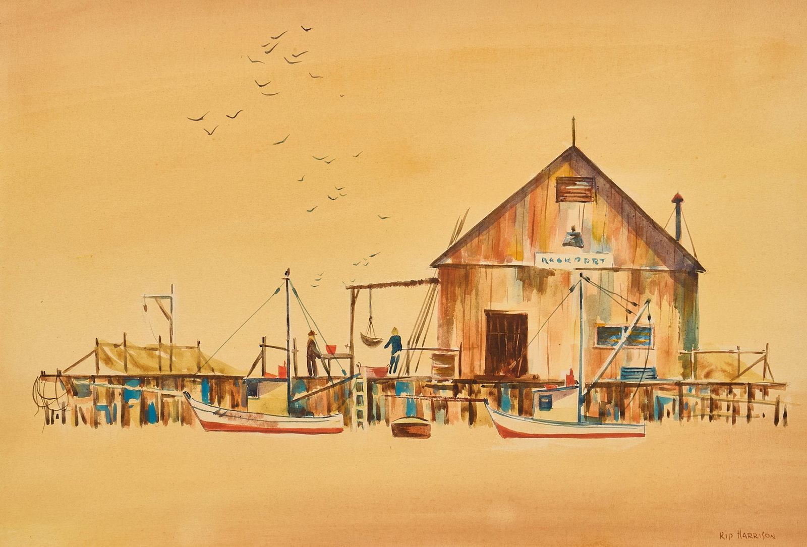 Rip Harrison, Rockport Watercolor: Rip Harrison (Texas, 20th-21st C.), coastal watercolor scene in Rockport, signed lower right sight: 14 x 21 in., frame: 19 x 25.5 in. Provenance: Property from a Rockport, Texas home