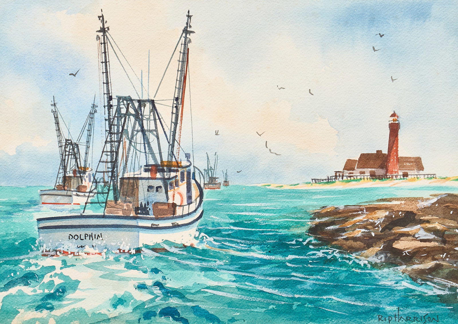 Rip Harrison, Texas Gulf Shrimpers: Rip Harrison (Texas, 20th-21st C.), shrimpers in the gulf with lighthouse, watercolor on watercolor paper, signed lower right sight: 11 x 15 in., frame: 16.5 x 20.5 in. Provenance: Property from a