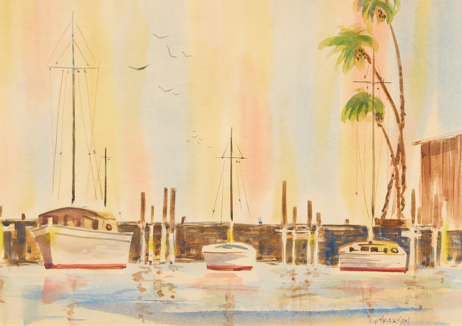 Rip Harrison, Shrimpers: Rip Harrison (Texas, 20th-21st C.), coastal watercolor scene, signed lower right sight: 10 x 14 in., frame: 24.5 x 28.5 in. Provenance: Property from a home in San Antonio, Texas