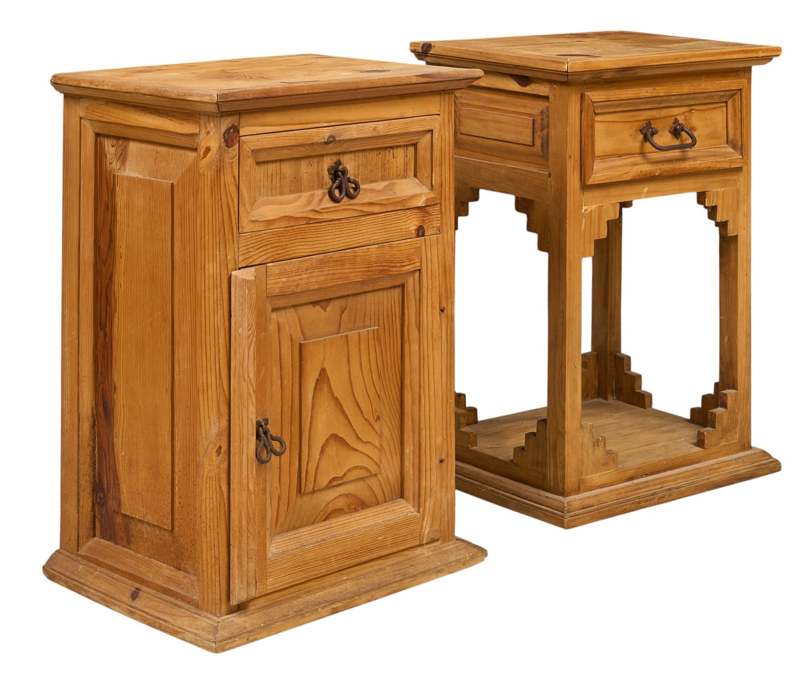 Pair of Rustic Wooden Side Tables: Pair of rustic wooden side tables, each with a single drawer with metal hardware, one table with a closed cabinet door, and the other with an open, geometric decorative shelf height 28.5 x w