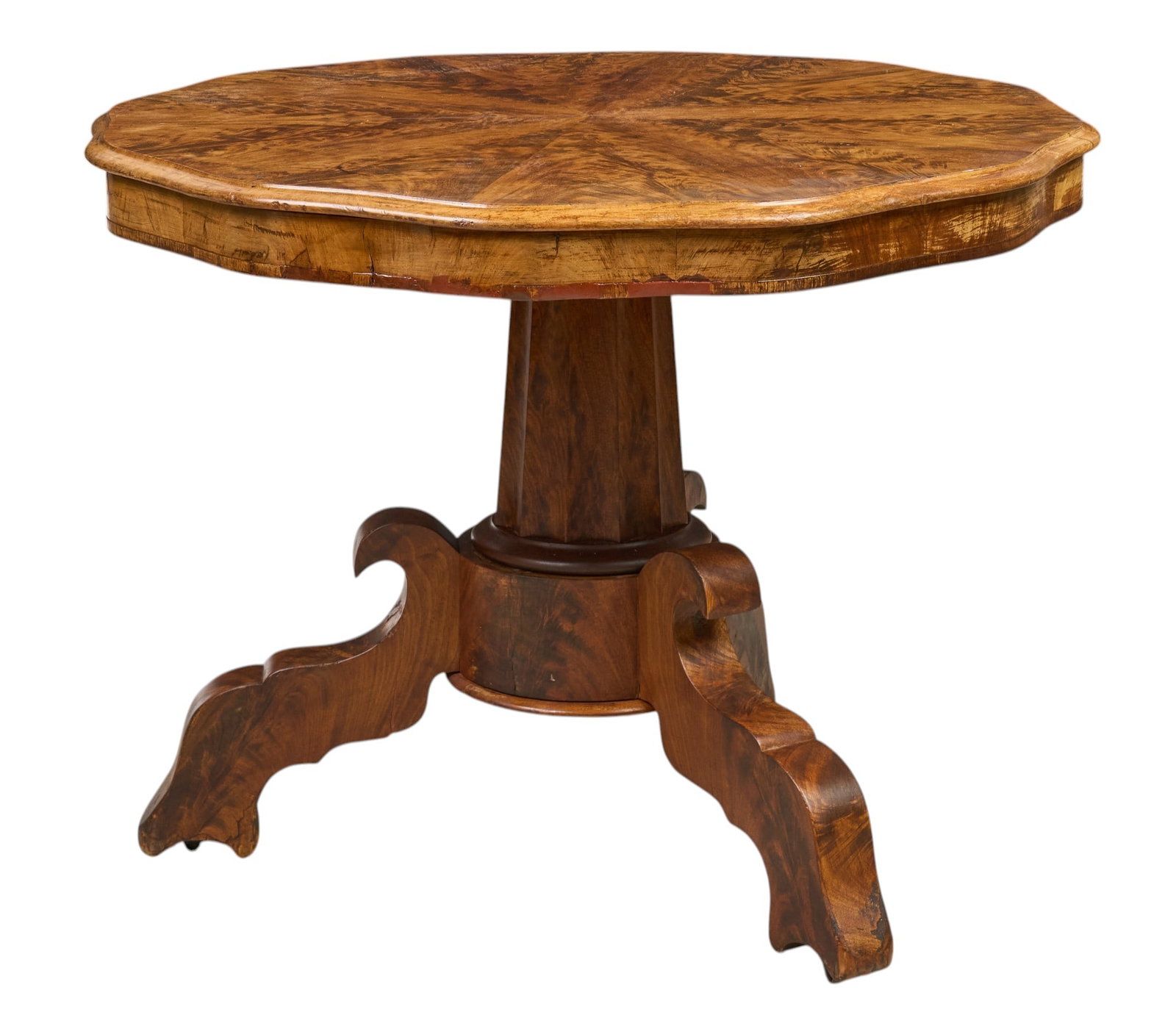 Inlaid Center Table: Vintage center table with inlay work on octagonal top, supported on three decorative legs height 28 in. x width 36 in. x depth 36 in. Provenance: Property from a home in San Anto