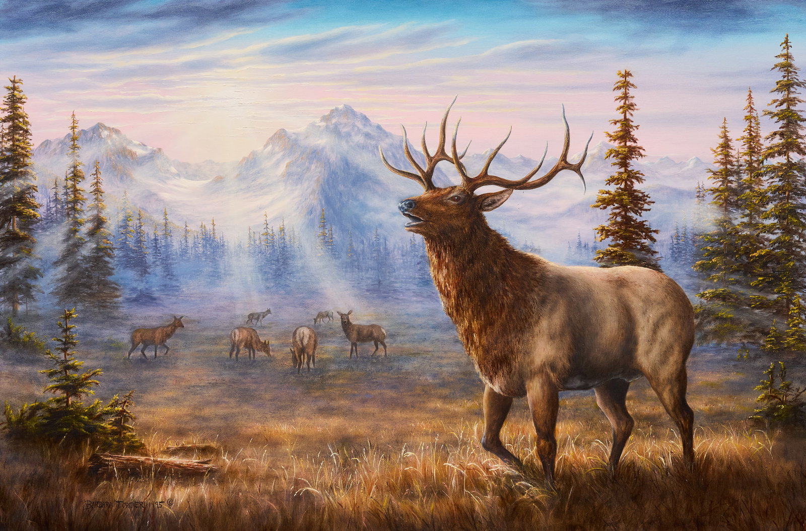 Barbara Forcier, Elk and Mountains: Barbara Forcier (20th C.), untitled mountain landscape with elk, oil on canvas, signed and dated lower left, 1995 sight: 24 x 36 in., frame: 32.5 x 44.5 in. Provenance: Property from the Est