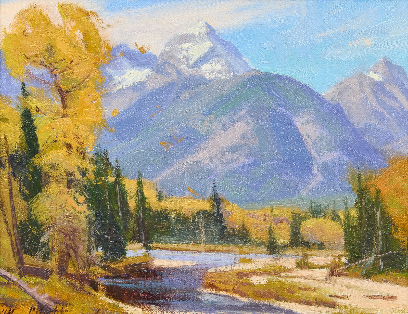Michael Albrechtsen, "Near the River": Michael Albrechtsen (Amer., b. 1962), "Near the River", oil on wood panel, signed lower left, signed and titled on the verso, with artist's note, "painted near the Tetons with 