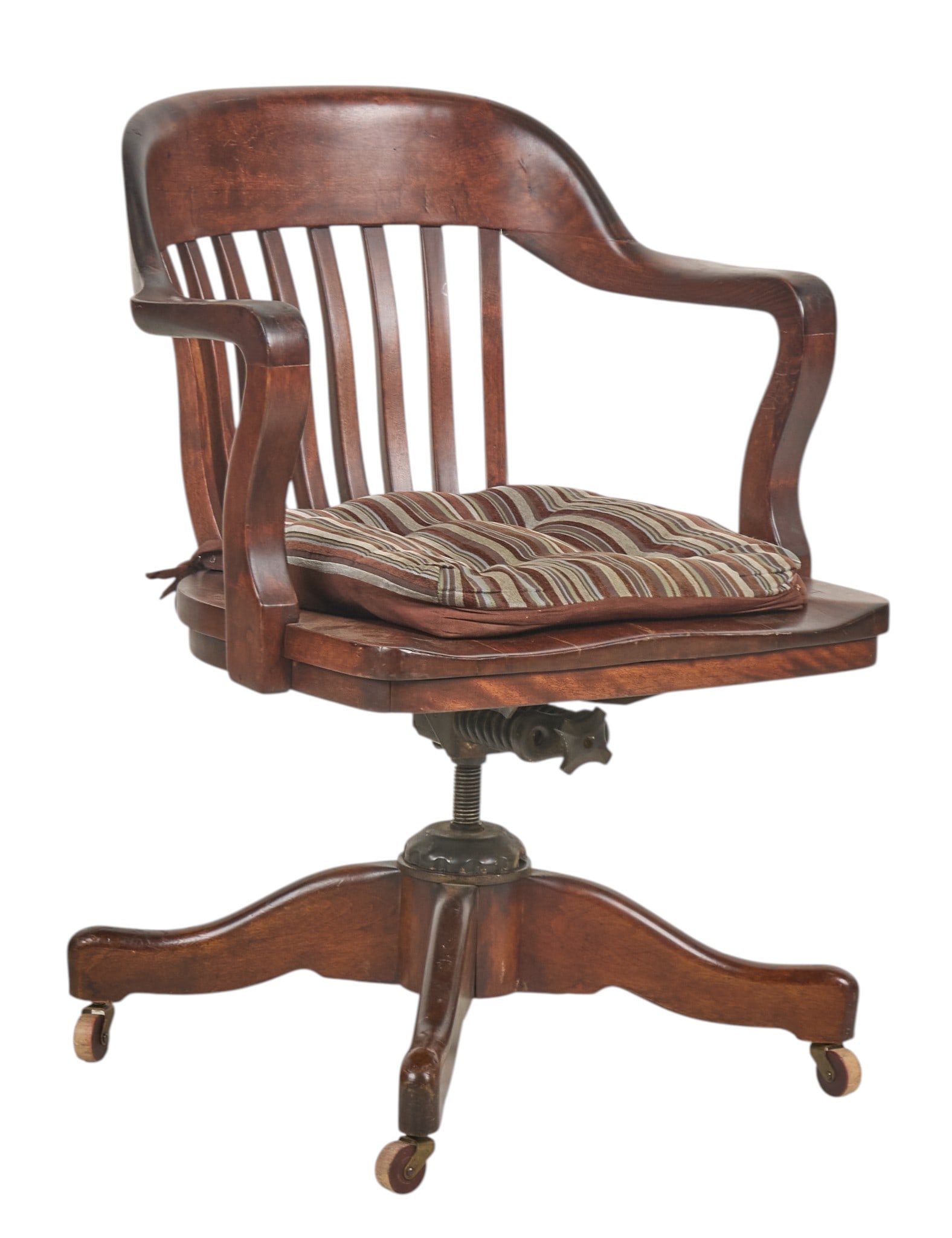 Antique Banker's Chair: Vintage barrel back banker's chair, with oak frame on swive base, original hardware, and casters, circa early 20th century height 33 in. x width 28 in. x depth 28 in. Provenance: Proper
