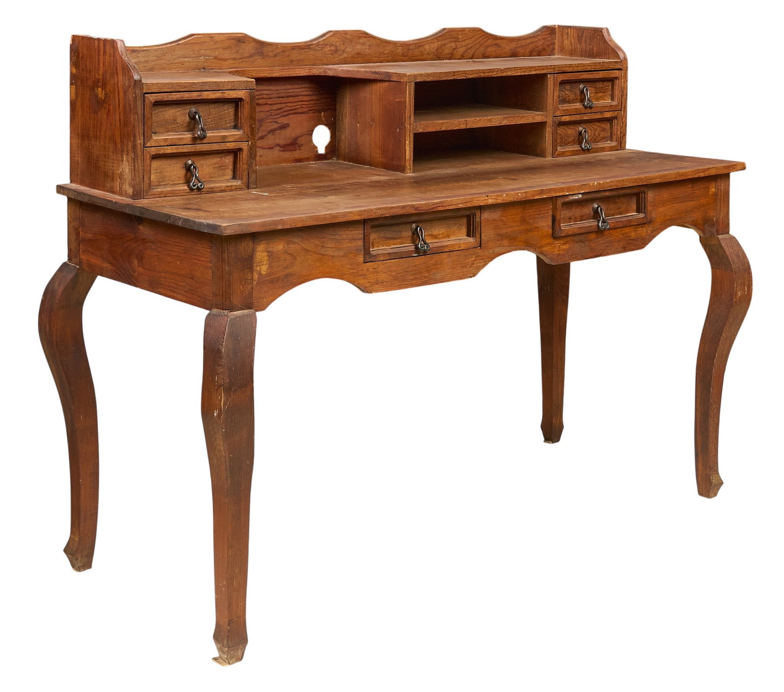 Rustic Spanish Colonial Style Desk: Rustic Spanish Colonial style pine desk with iron hardware height 43 in. x width 57.5 in. x depth 23 in. Provenance: Property from a home in Rockport, Texas