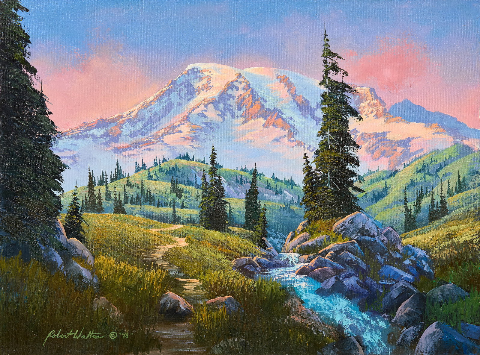 Robert Walton, Mountain Scene: Robert Walton (Amer., 1934-2019), mountain landscape at sunset, oil on canvas, signed and dated lower left, 1996 sight: 18 x 24 in., frame: 25.5 x 31.5 Provenance: Property from the Estate of